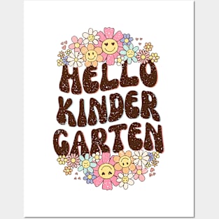 Groovy Hello Kindergarten Vibes Retro Teacher Back To School Posters and Art